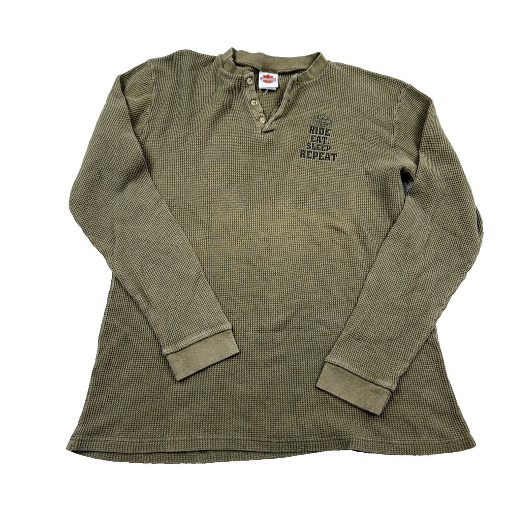 Vintage Harley Davidson Shirt Men XXL 2XL Oliver Green Henley Thermal Waffle